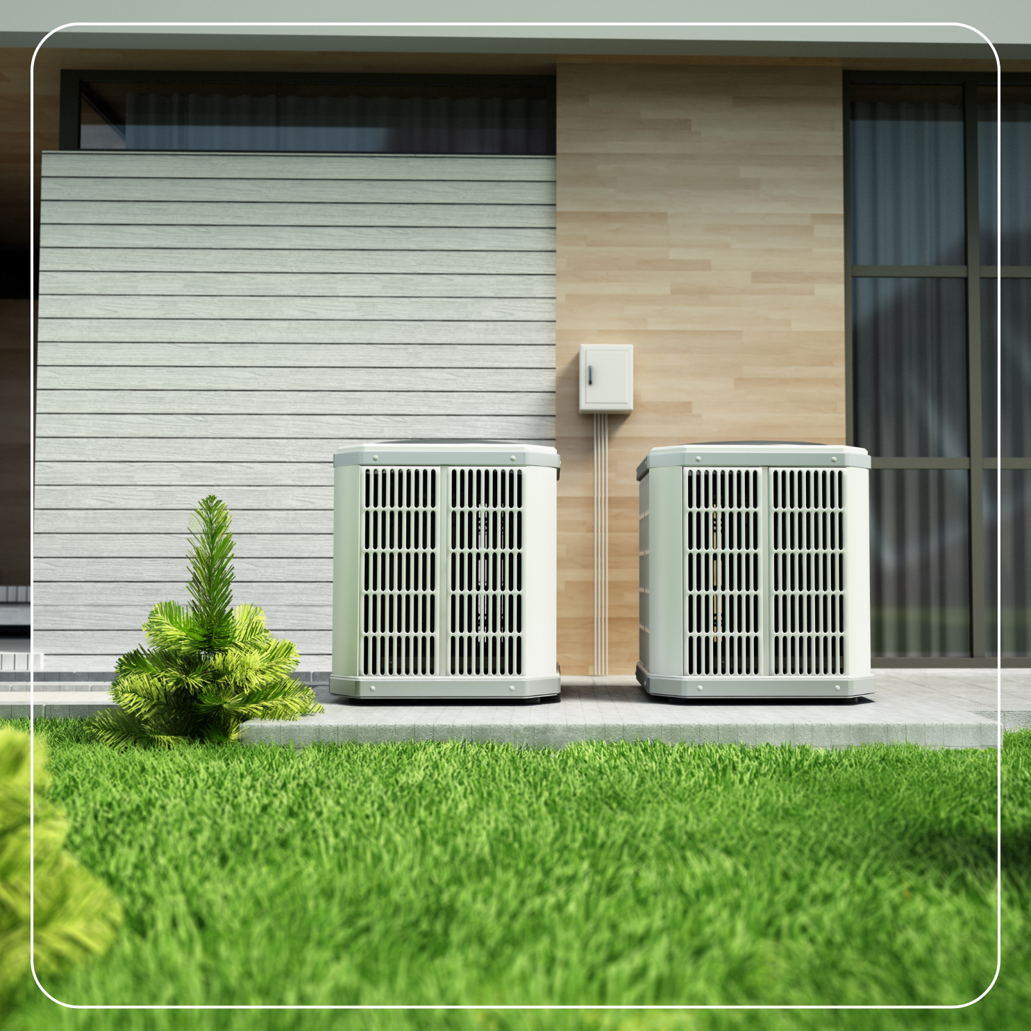 Moderne Wärmepumpe im Garten eines Einfamilienhauses sorgt für effizientes, umweltfreundliches Heizen mit Strom und reduziert CO₂-Emissionen nachhaltig.